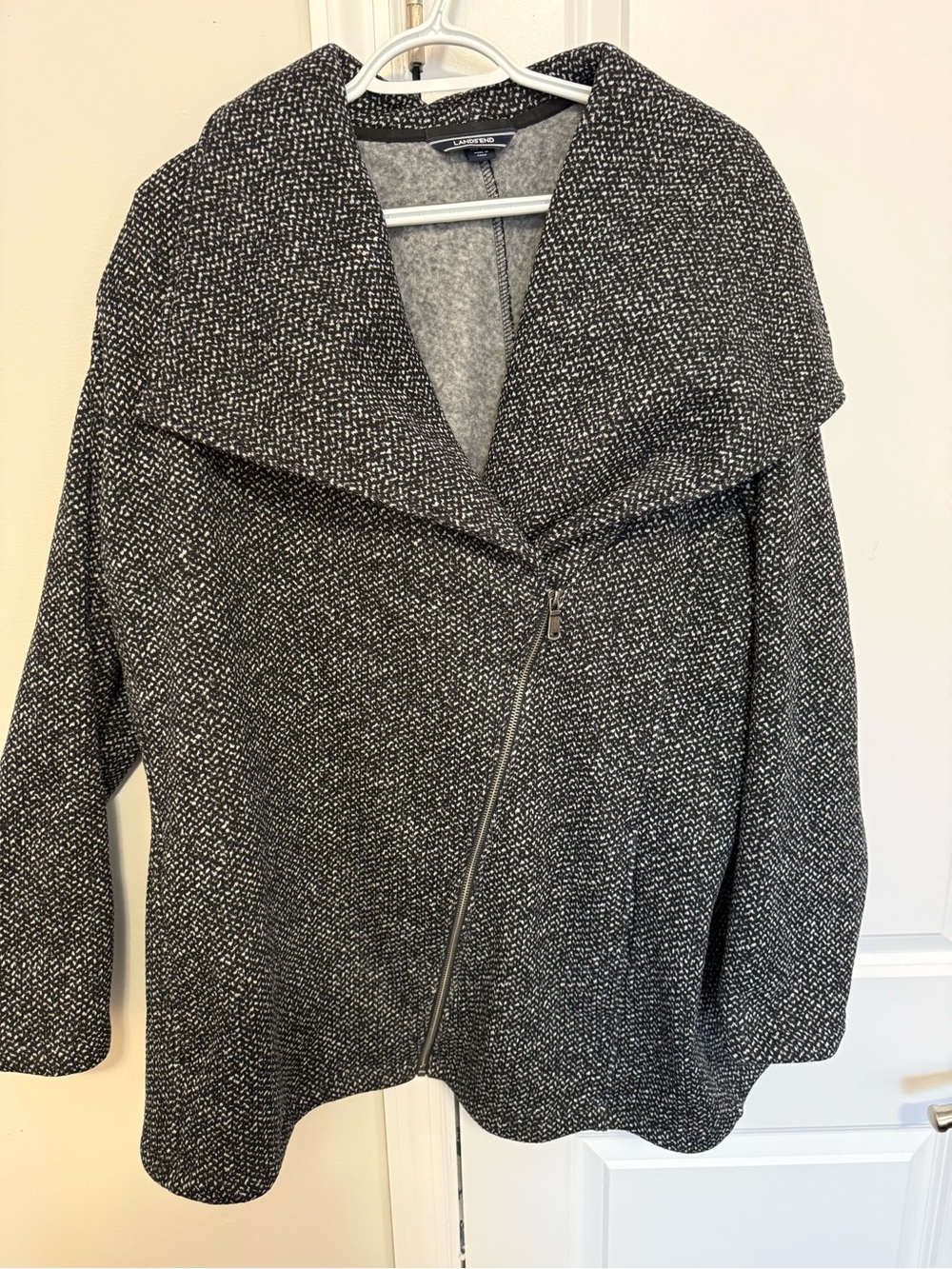 Lands' End Black and White Tweed Asymmetrical Zip Jacket